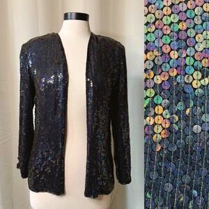VTG 80s Royal Sequin Glitter Silk Black Iridescent Cardigan Jacket